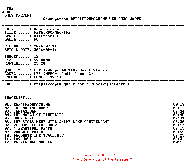 NFO for the release Sewerperson-REPAIRFORMACHINE-WEB-2026-JADED by JADED