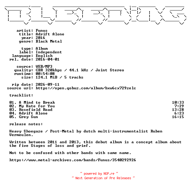 NFO for the release Funus-Adrift_Alone-WEB-2016-BLEEDiNG by BLEEDiNG