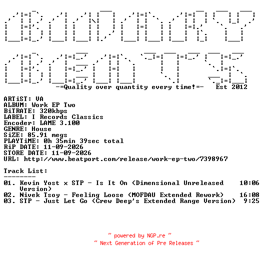 NFO for the release VA-Work_EP_Two-(IRECEPIRECES327D3TRSPDBP)-WEB-2026-BB by BB