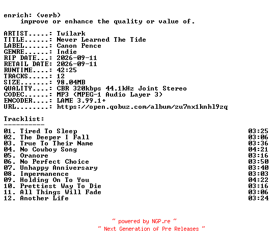 NFO for the release Twilark-Never_Learned_The_Tide-WEB-2026-ENRiCH by ENRiCH