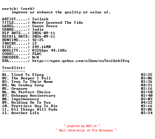 NFO for the release Twilark-Never_Learned_The_Tide-16BIT-WEB-FLAC-2026-ENRiCH by ENRiCH
