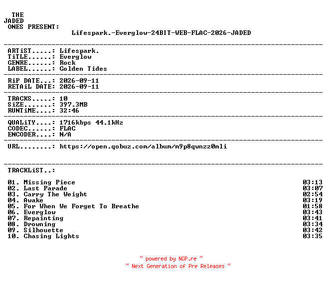 NFO for the release Lifespark.-Everglow-24BIT-WEB-FLAC-2026-JADED by JADED