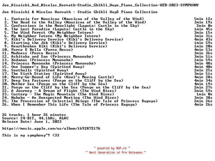 NFO for the release Joe_Hisaishi_And_Nicolas_Horvath-Studio_Ghibli_Wayo_Piano_Collection-WEB-2023-SYMPHONY by SYMPHONY