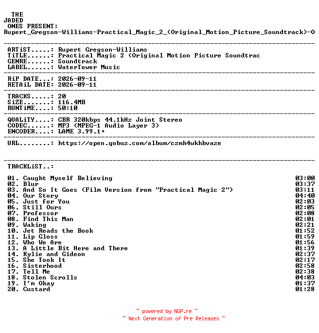 NFO for the release Rupert_Gregson-Williams-Practical_Magic_2_(Original_Motion_Picture_Soundtrack)-OST-WEB-2026-JADED by JADED