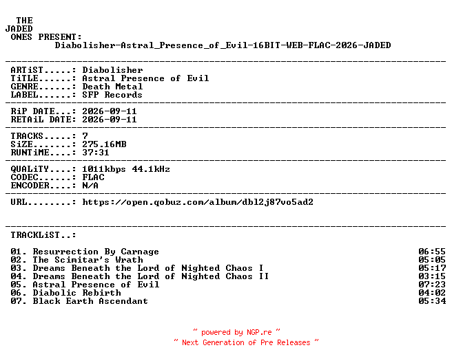 NFO for the release Diabolisher-Astral_Presence_of_Evil-16BIT-WEB-FLAC-2026-JADED by JADED