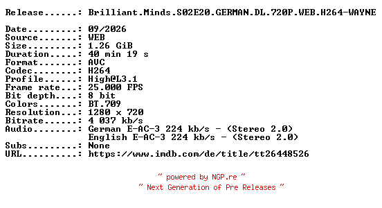 NFO for the release Brilliant.Minds.S02E20.GERMAN.DL.720P.WEB.H264-WAYNE by WAYNE