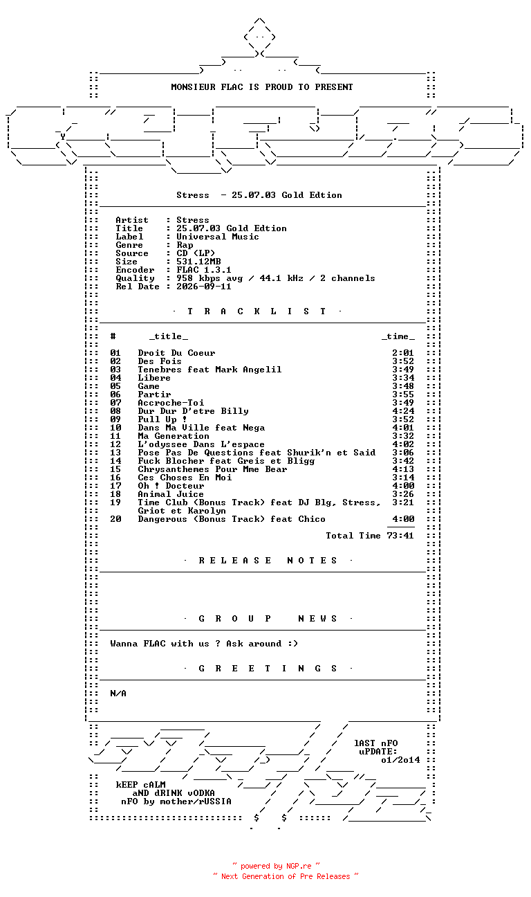 NFO for the release Stress-25.07.03_Gold_Edtion-FR-CD-FLAC-2005-Mrflac by Mrflac