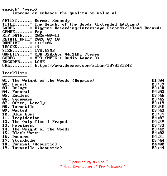 NFO for the release Dermot_Kennedy-The_Weight_of_the_Woods_(Extended_Edition)-WEB-2026-ENRiCH by ENRiCH