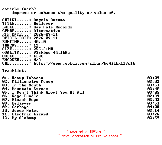 NFO for the release Angela_Autumn-Believer-16BIT-WEB-FLAC-2026-ENRiCH by ENRiCH