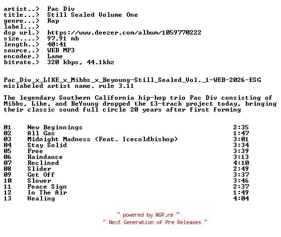 NFO for the release Pac_Div-Still_Sealed_Volume_One-PROPER-WEB-2026-PACDiV by PACDiV