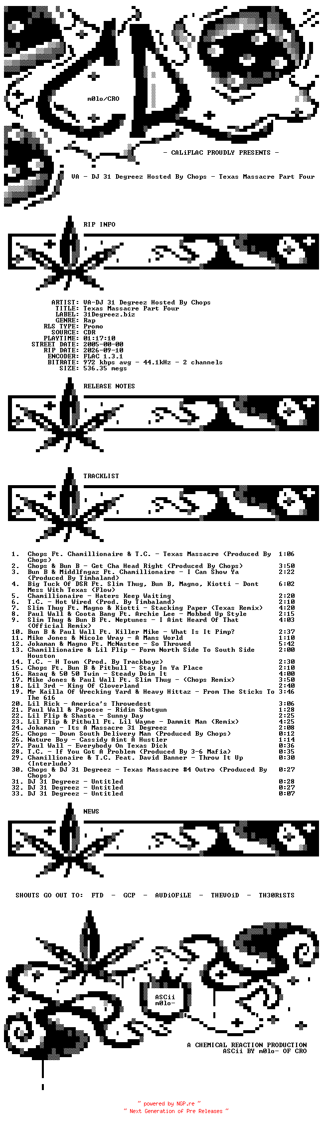 NFO for the release VA-DJ_31_Degreez_Hosted_By_Chops-Texas_Massacre_Part_Four-Promo-CDR-FLAC-2005-CALiFLAC by CALiFLAC
