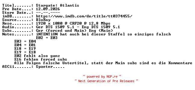 NFO for the release Stargate.Atlantis.S04E06.Tabula.Rasa.German.DL.1080p.BluRay.x264.PROPER-JaJunge by JaJunge