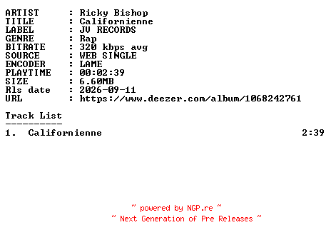 NFO for the release Ricky_Bishop-Californienne-SINGLE-WEB-FR-2026-GUESTS by GUESTS