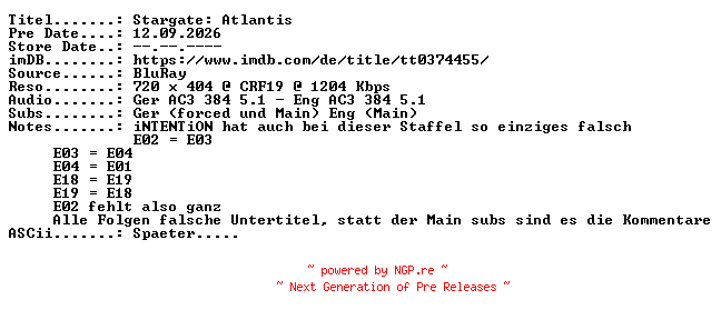 NFO for the release Stargate.Atlantis.S04E01.Verloren.im.All.German.DL.REMASTERED.BDRiP.x264.PROPER-JaJunge by JaJunge