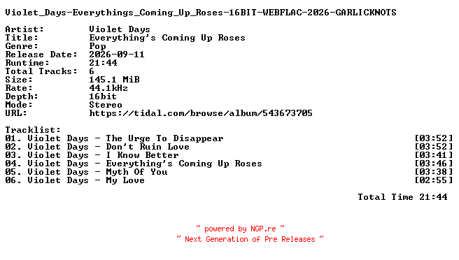 NFO for the release Violet_Days-Everythings_Coming_Up_Roses-16BIT-WEBFLAC-2026-GARLICKNOTS by GARLICKNOTS