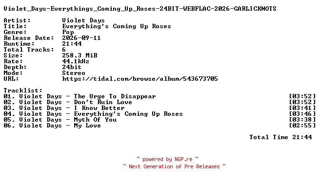 NFO for the release Violet_Days-Everythings_Coming_Up_Roses-24BIT-WEBFLAC-2026-GARLICKNOTS by GARLICKNOTS