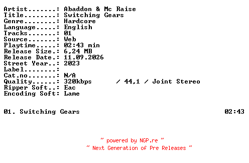 NFO for the release Abaddon_and_MC_Raise-Switching_Gears-SINGLE-WEB-2023-XTC_iNT by XTC_iNT