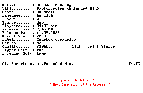 NFO for the release Abaddon_and_MC_RG-Partybeesten_(Extended_Mix)-SINGLE-WEB-2023-XTC_iNT by XTC_iNT