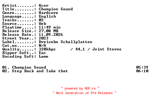NFO for the release Acor-Champion_Sound-WEB-2023-XTC_iNT by XTC_iNT
