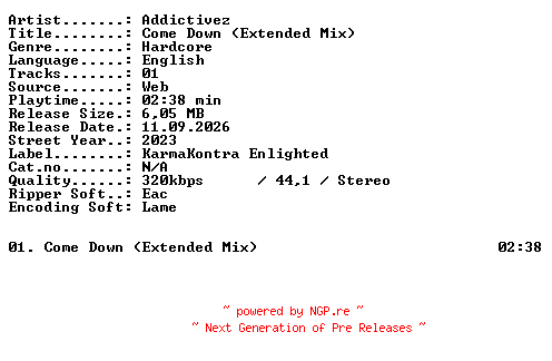 NFO for the release Addictivez-Come_Down_(Extended_Mix)-SINGLE-WEB-2023-XTC_iNT by XTC_iNT
