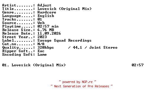 NFO for the release Adjuzt-Lovesick_(Original_Mix)-SINGLE-WEB-2023-XTC_iNT by XTC_iNT