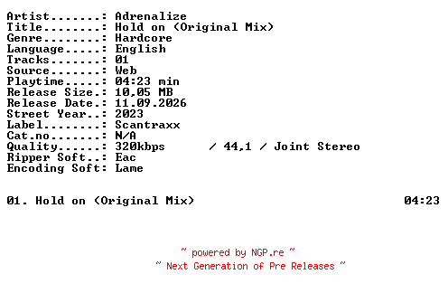 NFO for the release Adrenalize-Hold_on_(Original_Mix)-SINGLE-WEB-2023-XTC_iNT by XTC_iNT