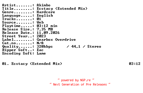 NFO for the release Akimbo-Ecstacy_(Extended_Mix)-SINGLE-WEB-2023-XTC_iNT by XTC_iNT