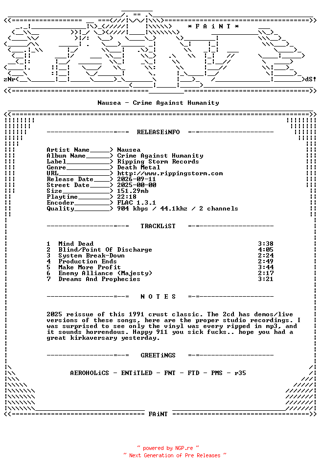 NFO for the release Nausea-Crime_Against_Humanity-REISSUE-CD-FLAC-2025-FAiNT by FAiNT