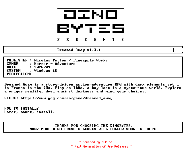 NFO for the release Dreamed_Away_v1.3.1-DINOByTES by DINOByTES