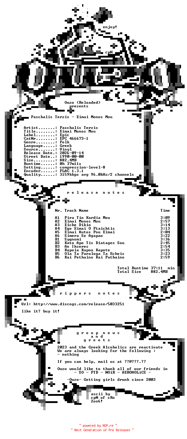 NFO for the release Paschalis_Terzis-Eimai_Monos_Mou-GR-VINYL-FLAC-1990-Ouzo by Ouzo