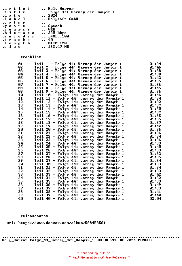 NFO for the release Holy_Horror-Folge_44_Varney_der_Vampir_1-ABOOK-WEB-DE-2024-MONGOS by MONGOS