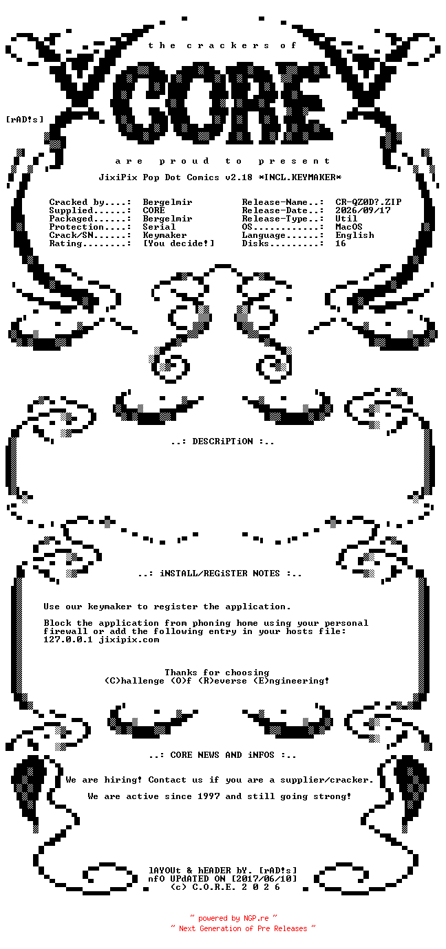 NFO for the release JixiPix.Pop.Dot.Comics.v2.18.MacOS.UB.Incl.Keymaker-CORE by CORE