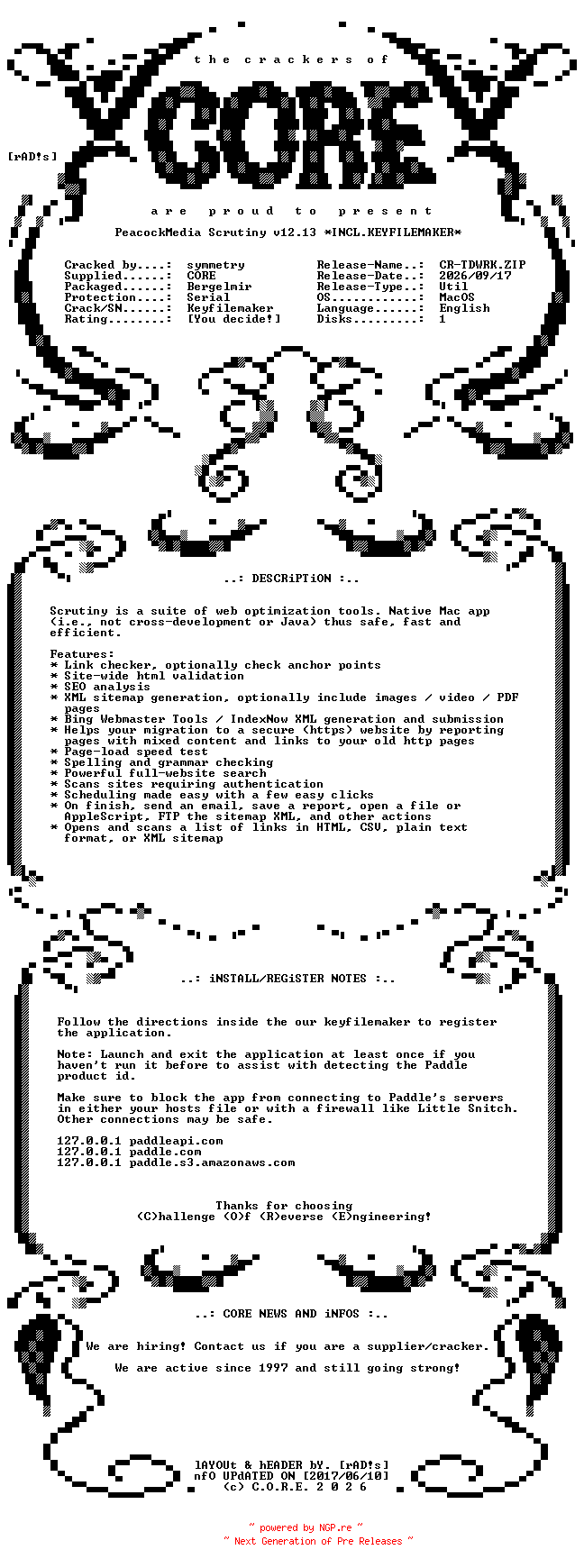 NFO for the release PeacockMedia.Scrutiny.v12.13.MacOS.UB.Incl.Keyfilemaker-CORE by CORE