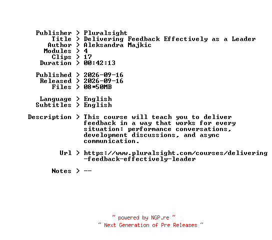 NFO for the release Pluralsight.Delivering.Feedback.Effectively.as.a.Leader.2026.BOOKWARE-GETH by GETH
