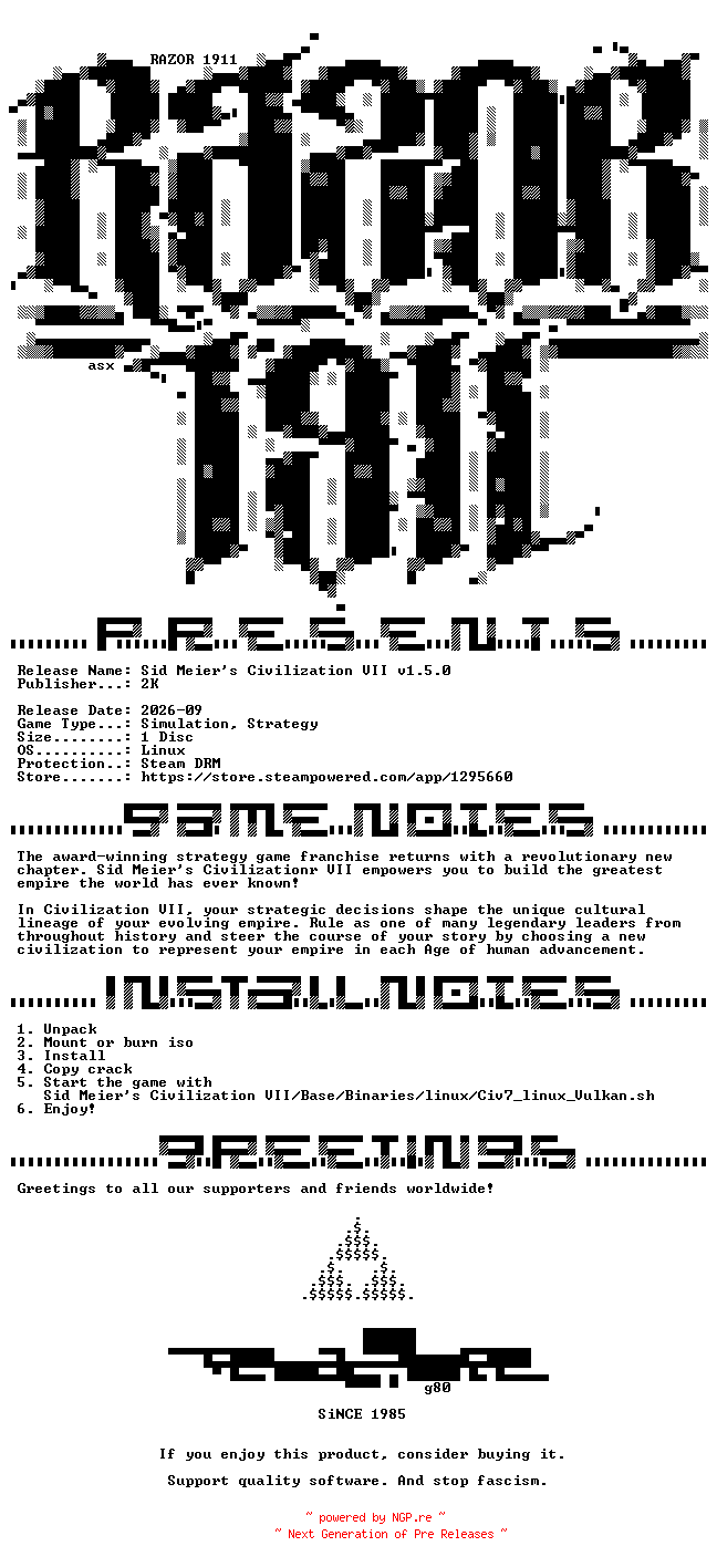 NFO for the release Sid_Meiers_Civilization_VII_v1.5.0_Linux-Razor1911 by Razor1911