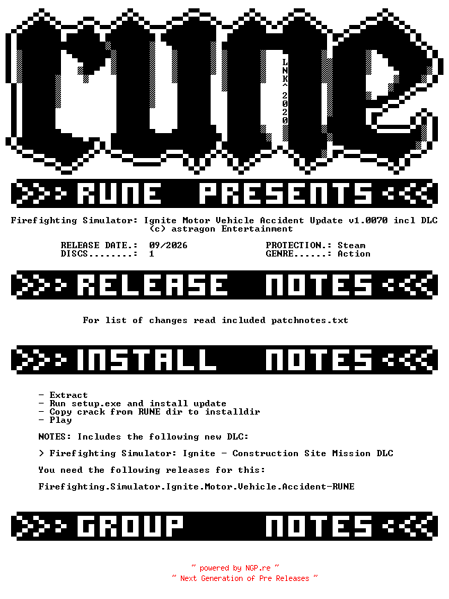 NFO for the release Firefighting.Simulator.Ignite.Motor.Vehicle.Accident.Update.v1.0070.incl.DLC-RUNE by RUNE