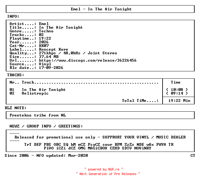 NFO for the release Emel-In_the_Air_Tonight-(KK07)-VINYL-2026-CT by CT