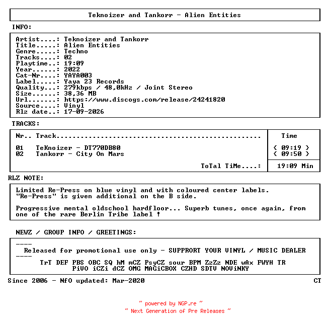 NFO for the release Teknoizer_and_Tankorr-Alien_Entities-(YAYA003)-REPRESS-VINYL-2022-CT by CT