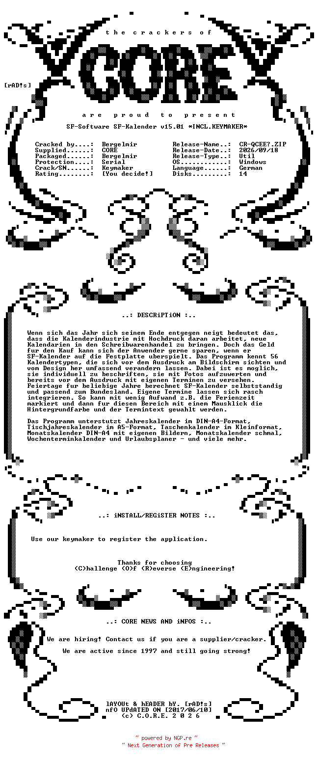 NFO for the release SF-Software.SF-Kalender.v15.01.German.Incl.Keymaker-CORE by CORE