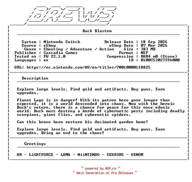 NFO for the release Buck_Blastem_NSW-BREWS by BREWS