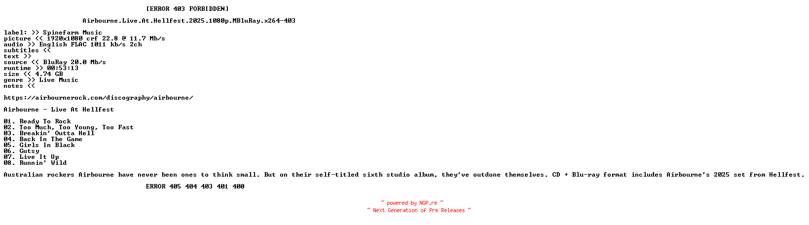 NFO for the release Airbourne.Live.At.Hellfest.2025.1080p.MBluRay.x264-403 by 403
