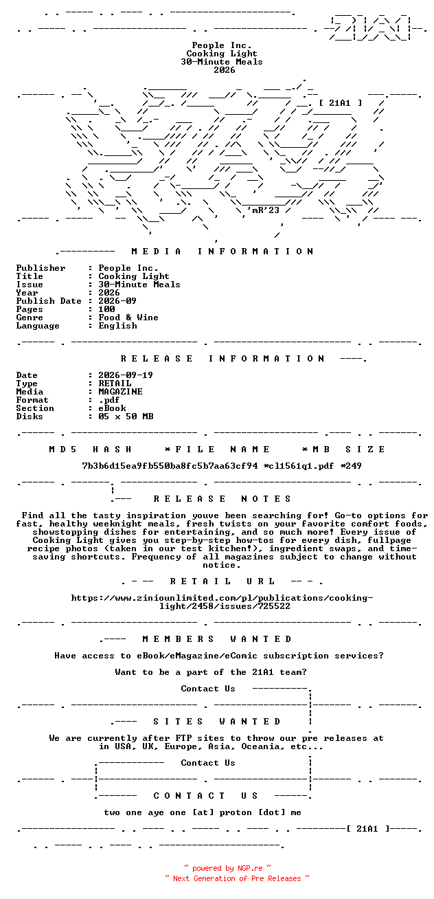 NFO for the release Cooking.Light.30-Minute.Meals.2026.RETAIL.MAGAZINE.eBook-21A1 by 21A1