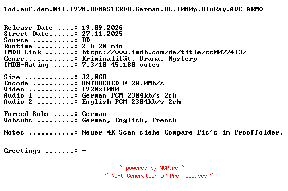 NFO for the release Tod.auf.dem.Nil.1978.REMASTERED.German.DL.1080p.BluRay.AVC-ARMO by ARMO