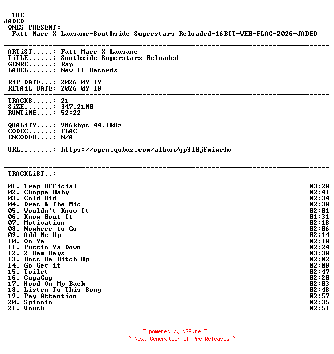NFO for the release Fatt_Macc_X_Lausane-Southside_Superstars_Reloaded-16BIT-WEB-FLAC-2026-JADED by JADED