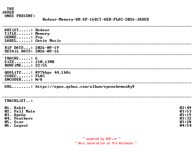 NFO for the release Redoor-Memory-KR-EP-16BIT-WEB-FLAC-2026-JADED by JADED