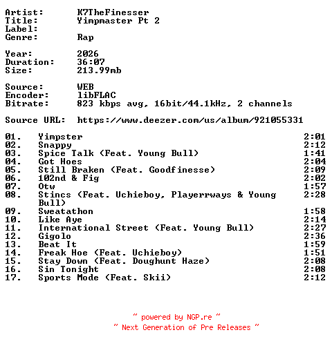 NFO for the release K7TheFinesser-Yimpmaster_Pt_2-16BIT-WEB-FLAC-2026-VEXED by VEXED