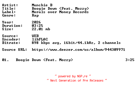 NFO for the release Munchie_B-Boogie_Down_(Feat._Mozzy)-Single-16BIT-WEB-FLAC-2026-VEXED by VEXED