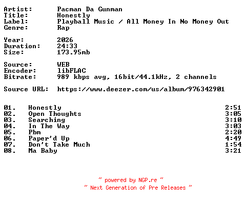 NFO for the release Pacman_Da_Gunman-Honestly-16BIT-WEB-FLAC-2026-VEXED by VEXED