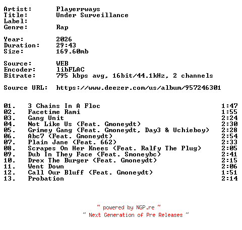 NFO for the release Playerrways-Under_Surveillance-16BIT-WEB-FLAC-2026-VEXED by VEXED