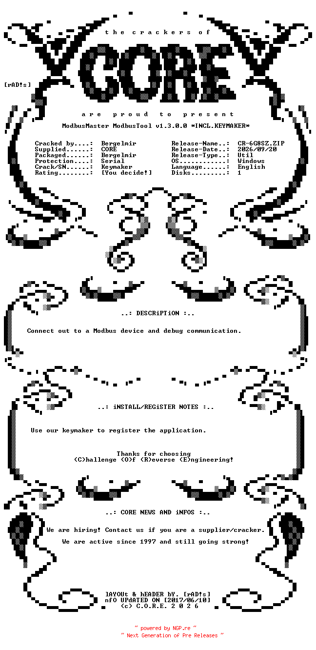 NFO for the release ModbusMaster.ModbusTool.v1.3.0.0.Incl.Keymaker-CORE by CORE